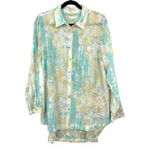 Soft Surroundings Button Front Long Sleeve Top Womens L Watercolor Floral Print